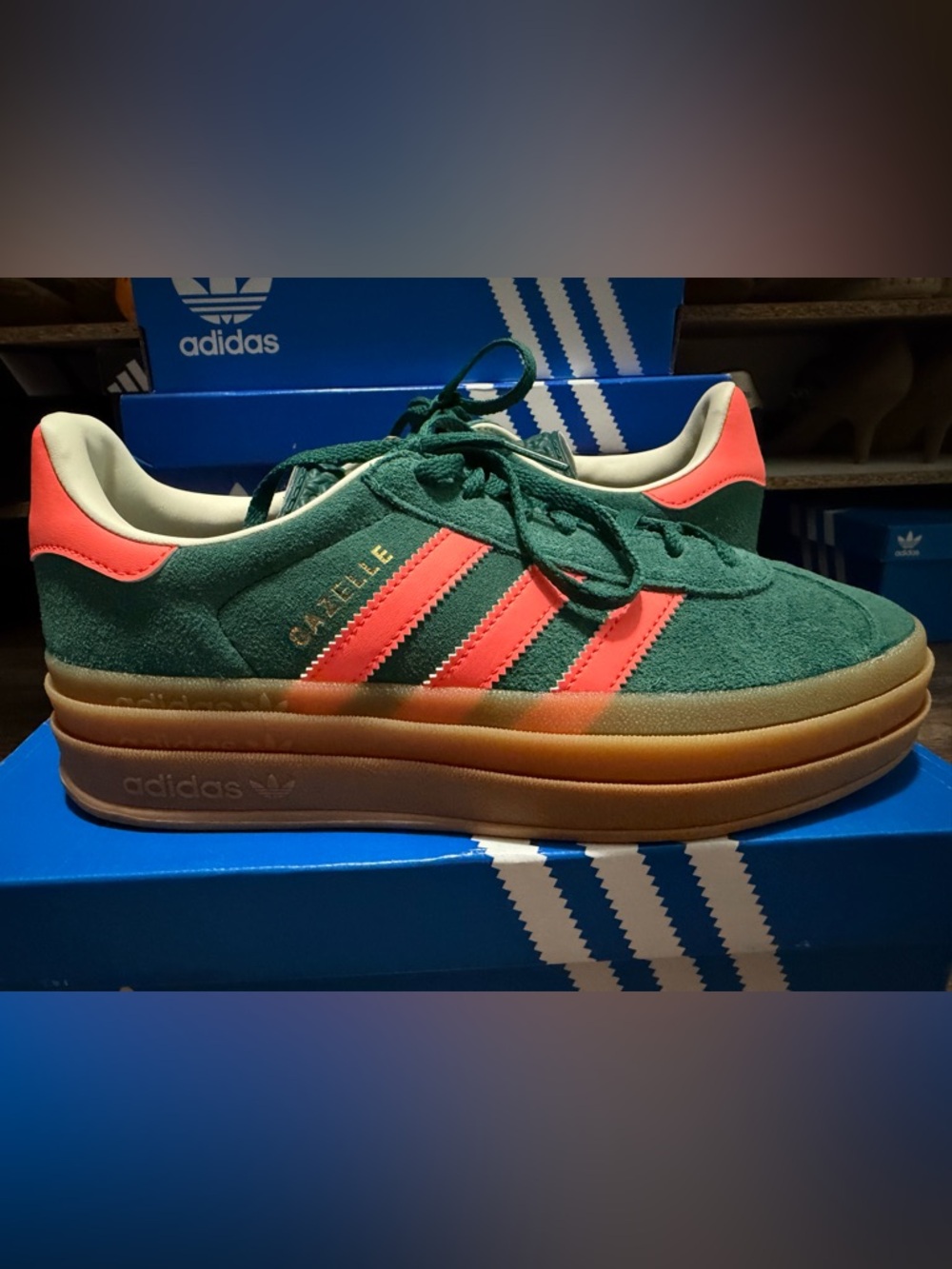 adidas Gazelle Platform Sneakers in Green with Coral Stripes